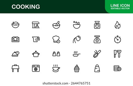 Vector Cooking Icons Collection with Minimal Style Illustrations of Utensils, Ingredients, and Kitchen Elements