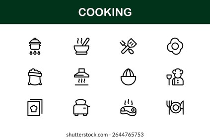 Vector Cooking Icons Collection with Minimal Style Illustrations of Utensils, Ingredients, and Kitchen Elements