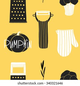 Vector cooking illustrated background. Seamless pattern for kitchen and cafe fabrics, napkins, wrapping paper