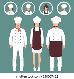 vector cooking illustration, cartoon cook icons, restaurant chef hats