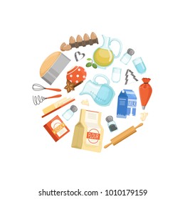 Vector cooking ingridients or groceries circle concept illustration. Color food round badge