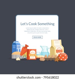 Vector cooking ingridients or groceries elements pile below frame with place for text illustration
