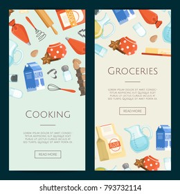 Vector cooking ingridients or groceries vertical banner templates. Grocery and cooking, ingridients fresh poster illustration
