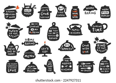 Vector cooking lettering set. Handwritten quotes collection with kitchenware silhouette. Design concept for cooking classes, courses, food studio, cafe, restaurant, bakery, street festival, logo