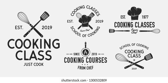 Vector Cooking logo set. 5 Vintage cooking emblems. Cook and Food labels, emblems, logo. Culinary school, food studio, cooking courses. Logo template.