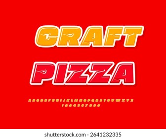 Vector Cooking poster Craft Pizza. Glossy Yellow Font. Modern Digital Alphabet Letters and Numbers set.