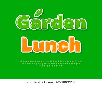 Vector Cooking poster Garden Lunch. Glossy Green Font. Elegant Alphabet Letters and Numbers set.