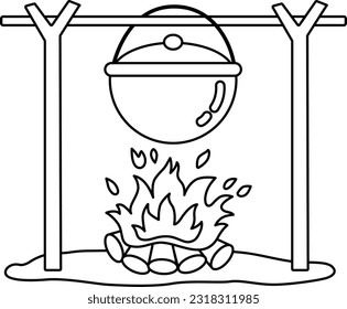 un vector de una olla de cocina y fuego en color blanco y negro
