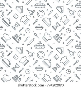 Vector cooking Seamless Pattern with thin line icons of pie, chief, rolling pin, salt shaker. Bakery Simple signs Collection for web.