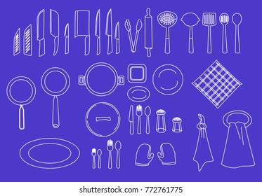 Vector Cooking Set kitchen utensils illustration with Hand Drawn Doodle Style Sketch .