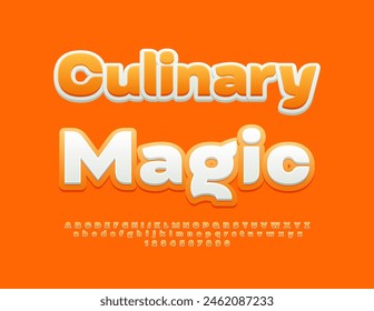 Vector de cocina Plantilla Magia culinaria con fuente brillante. Conjunto de letras y números del alfabeto blanco y naranja.