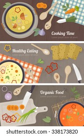 Vector cooking time illustration with flat icons. Fresh food and materials on kitchen table in flat style. Top view of healthy eating