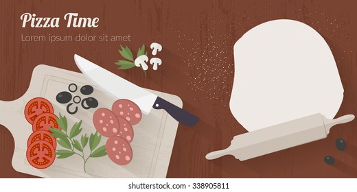 Vector cooking time illustration with flat icons. Fresh food and materials on kitchen table in flat style. Top view of healthy eating