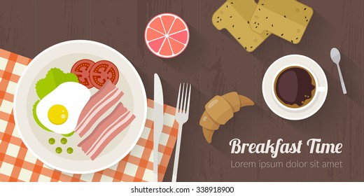 Vector cooking time illustration with flat icons. Fresh food and materials on kitchen table in flat style. Top view of healthy eating