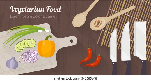 Vector cooking time illustration with flat icons. Fresh food and materials on kitchen table in flat style. Top view of healthy eating - Powered by Shutterstock - Get 15% off with code: PIKWIZARD15