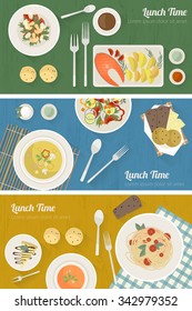 Vector cooking time illustration with flat icons. Fresh food and materials on kitchen table in flat style. Top view of healthy eating