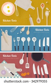 Vector cooking time illustration with flat icons. Kitchenware and materials on kitchen table in flat style. Top view of healthy eating