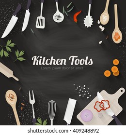 Vector cooking time illustration with flat icons. Fresh food and materials on kitchen table in flat style. Top view of healthy eating