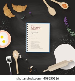 Vector cooking time illustration with flat icons. Fresh food and materials on kitchen table in flat style. Top view of healthy eating