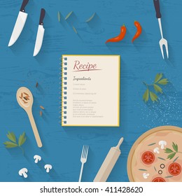 Vector cooking time illustration with flat icons. Fresh food and materials on kitchen table in flat style. Top view of healthy eating