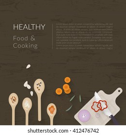 Vector cooking time illustration with flat icons. Fresh food and materials on kitchen table in flat style. Top view of healthy eating