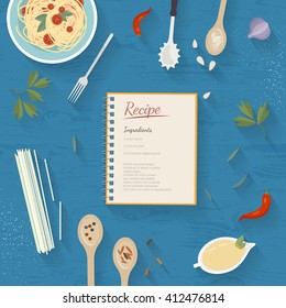 Vector cooking time illustration with flat icons. Fresh food and materials on kitchen table in flat style. Top view of healthy eating