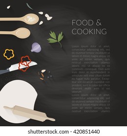 Vector cooking time illustration with flat icons. Fresh food and materials on kitchen table in flat style. Top view of healthy eating