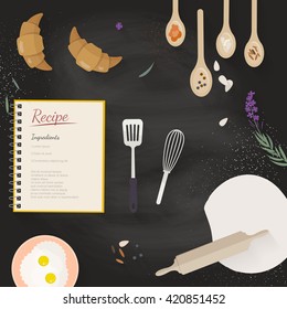 Vector cooking time illustration with flat icons. Fresh food and materials on kitchen table in flat style. Top view of healthy eating