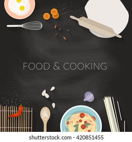Vector cooking time illustration with flat icons. Fresh food and materials on kitchen table in flat style. Top view of healthy eating