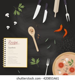 Vector cooking time illustration with flat icons. Fresh food and materials on kitchen table in flat style. Top view of healthy eating