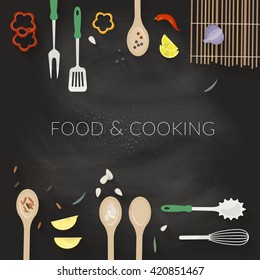 Vector cooking time illustration with flat icons. Fresh food and materials on kitchen table in flat style. Top view of healthy eating