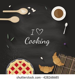 Vector cooking time illustration with flat icons. Fresh food and materials on kitchen table in flat style. Top view of healthy eating