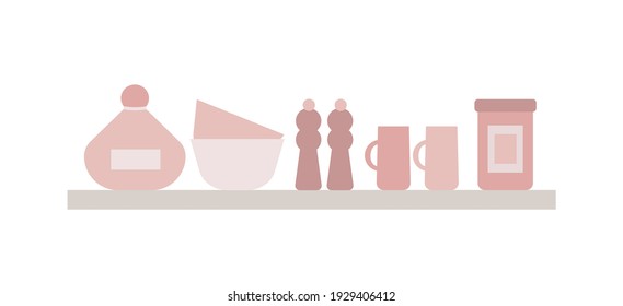 Vector cooking tools. Wooden shelf with kitchen utensils. Vector flat style kitchen dishes. Pastel colors plates, jars, bottles, bowls, cups.