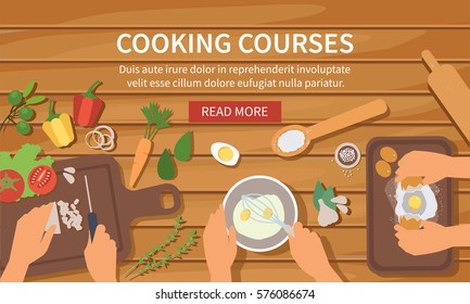 Vector cooking web banner with wooden background. Cooking class, bakery, recipes.