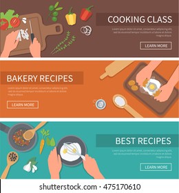 Vector cooking web banners set. Cooking class, bakery, recipes.