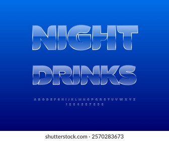 Vector cool advertisement Night Drinks. Transparent Glass Font. Ice textured Alphabet Letters and Numbers set.