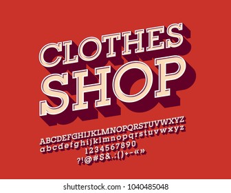 Vector cool angled Font with Logotype Clothes Shop. Set of vintage 3D Letters, Numbers and Symbols