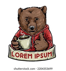 vector de oso fresco con una taza de café negro