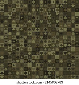 Vector cool camo playing cards suits seamless patterns. Backgrounds card suits camouflage stylized. Casino gambling, poker and checkers background. Alice in wonderland ornament.