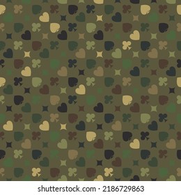 Vector cool camo playing cards suits seamless patterns. Backgrounds card suits camouflage stylized. Casino gambling, poker icons grid background. Alice in wonderland ornament.