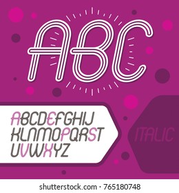 Vector cool capital alphabet letters collection. Retro italic rounded type font, script from a to z best for use in logotype creation. Made with geometric parallel triple lines.