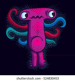 Vector cool cartoon sad monster, purple weird creature. Clipart mythic character for use in graphic design and as mascot. 