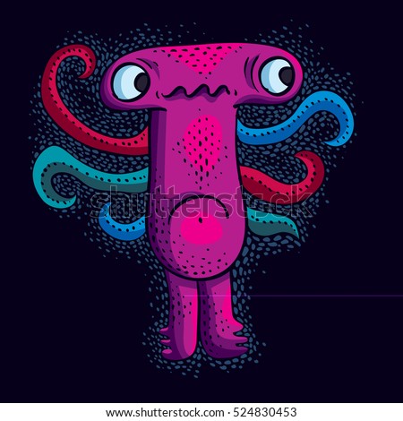 Vector cool cartoon sad monster, purple weird creature. Clipart mythic character for use in graphic design and as mascot. 