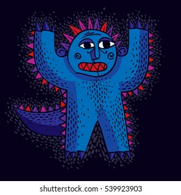 Vector cool cartoon scared monster with hands up, simple weird creature. Clipart mythic character for use in graphic design and as mascot. 