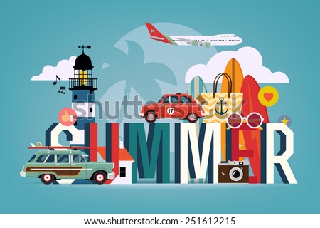 Vector cool colorful flat horizontal web banner or site page header image template on summer season, touristic destinations, water activities with surf boards, lighthouse, air plane, retro camera