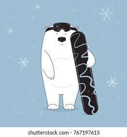Vector cool and cute bear on snowboard illustration. Hand drawn animal cartoon banner. Baby winter holidays greeting card. Christmas print
