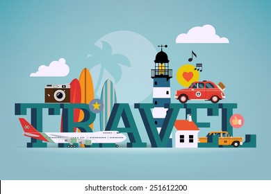 Vector cool detailed flat horizontal web banner or site page header image template on best summer travel, touristic destinations, water activities with surf boards, lighthouse, air plane, retro camera