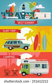 Vector cool detailed flat horizontal web banners on best summer vacation, beach recreation, surfing, sight seeing, camping, airline tourism for travel agency promotion and digital marketing