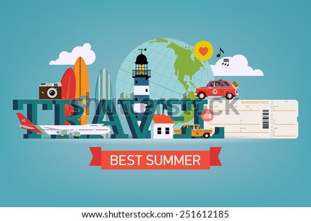 Vector cool detailed flat horizontal web banner or site page header image template on best summer travel, touristic destinations, water activities with surf boards, lighthouse, air plane boarding pass