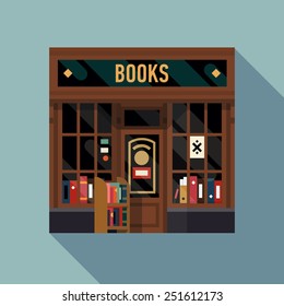 Vector cool detailed modern flat design square architecture web icon on old style local books shop store front facade with books exposed in windows
